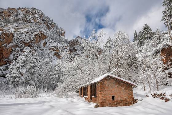 A White Christmas Snow on the Mayhew Lodge ruins along the West Fork of Oak Creek Trail