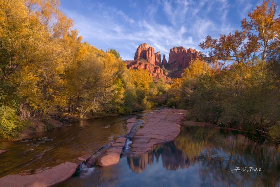 Autumn Falls Oak Creek and cottonwoods in full Fall color with Cathedral Rock, Sedona in the background.