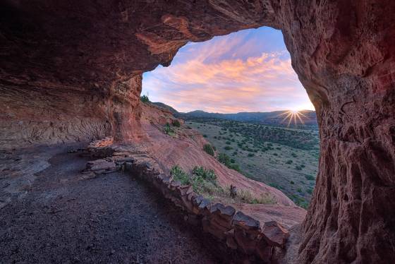 Shamans Cave Sunburst Shamans Cave, also known as Robbers Roost, in Sedona at sunrise