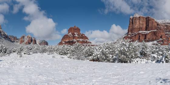 Castle Rock, Bell, and Courthouse Snow covering Castle Rock, Bell Rock, and Courthouse Butte