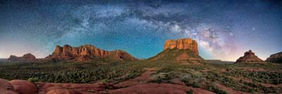 Panorama of the Milky Way over Courthouse Butte and Bell Rock