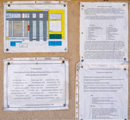 Pearce Cemetery Information Corkboard with information about the Pearce Cemetery, Arizona