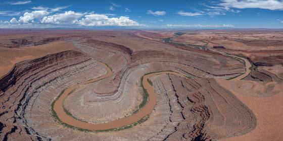 San Juan Overlook Superpano Looking northeast at San Juan Overlook, Canyon and River. Chinle Creek can be seen joining with the San Juan in the top right of the image near the sand bar.....