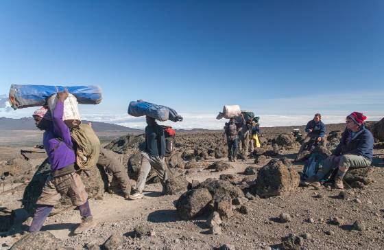 Sherpas on the Shira Trail Sherpas (porters) carring supplies on the Shira Plateau trail.