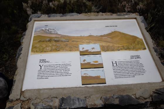 Shira Plateau Sign Sign at the trailhead for the SHira Plateau trail to the summit of Kilimanjaro.