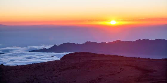 Sunset viewed the Shira trail Sunset viewed the Shira Plateau trail to the summit of Mount Kilimanjaro.