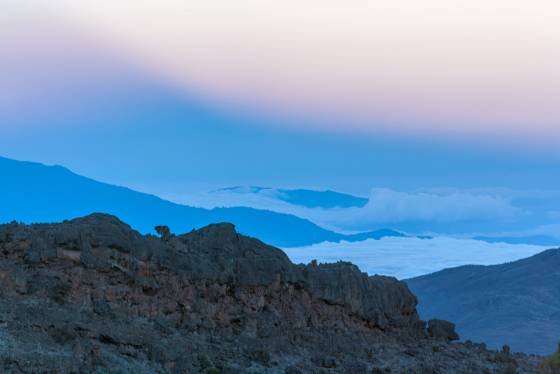 The Blue Hour viewed the Shira Plateau trail The Blue Hour viewed the Shira Plateau trail to the summit of Mount Kilimanjaro.