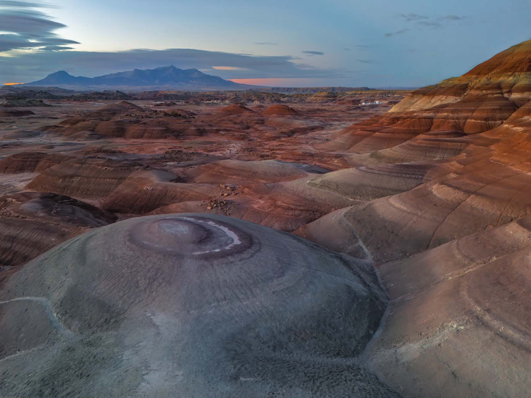 Drone shot of the New Bentonite Hills neat the Mars Desert Research Statsion