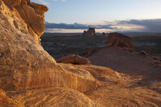 Sunset near Twisted Hoodoo 2 Last Light on the Upper White Rocks, Chimney Rock in the background