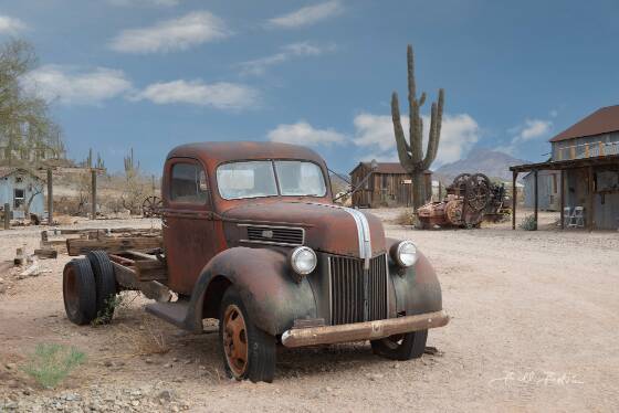 1940 Ford Pickup One-tone Ford pickup and Saquaro seen in Vulture City, Arizona.