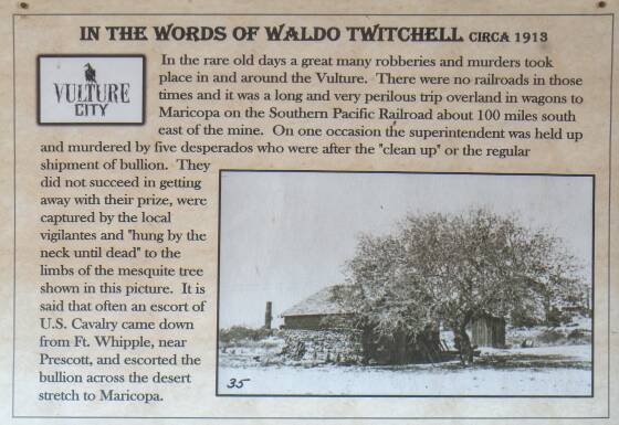 The Hanging Tree Text History of the Hanging Tree in Vulture City, Arizona. The text was written by Waldo Twitchell the mine assayer from 1991 to 1913.